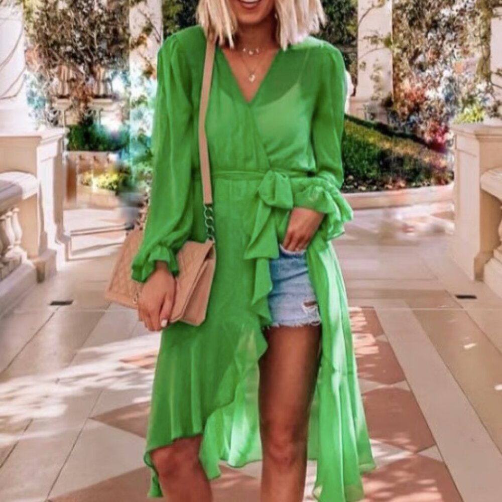 Revolve LPA Sheer Green Duster / Dress / Swim Cover-Up Sz M Wrap, Flutter, Puff